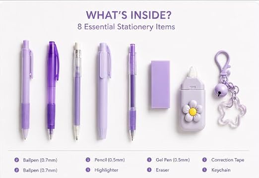 8-in-1 Aesthetic Stationery Set | Cute Pastel Pens, Pencil, Highlighter, Eraser, Correction Tape & Flower Keychain | Minuzu
