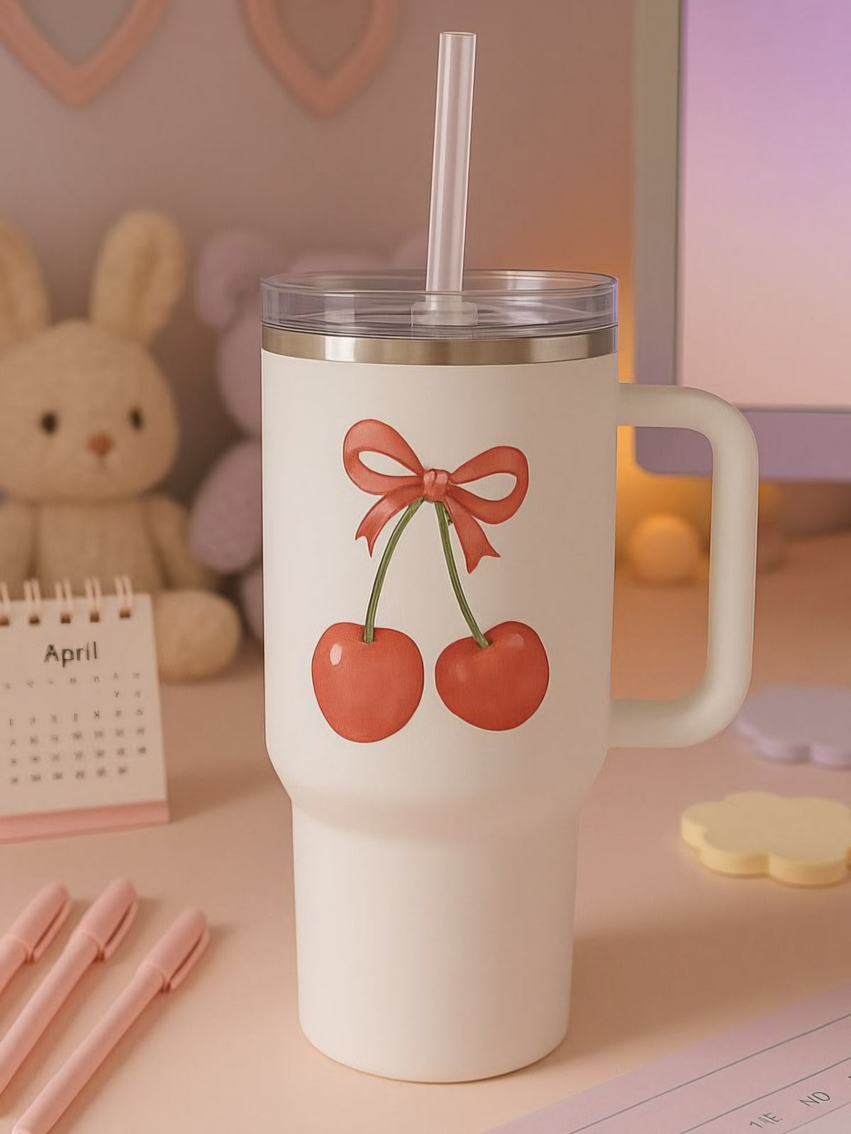 Cute Cherry Tumbler with Straw & Handle | Aesthetic Travel Mug & Sipper Cup | Minuzu
