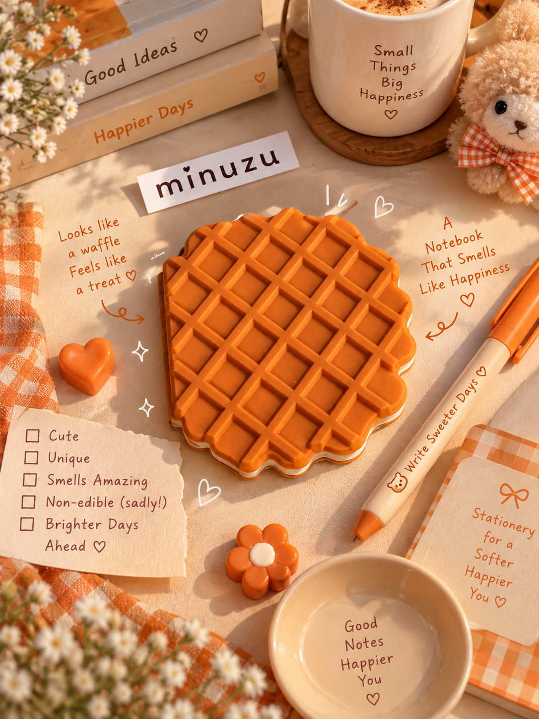 Waffle Shaped Diary & Notebook | Cute Kawaii Aesthetic Journal | Dessert-Inspired Stationery | Minuzu