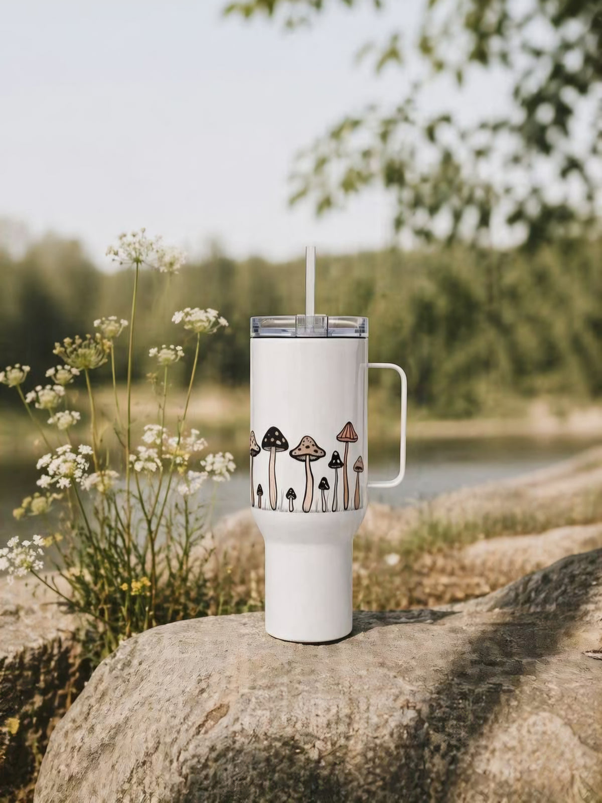 Cute Mushroom Tumbler with Handle & Straw | Aesthetic Travel Mug & Sipper Cup | Minuzu
