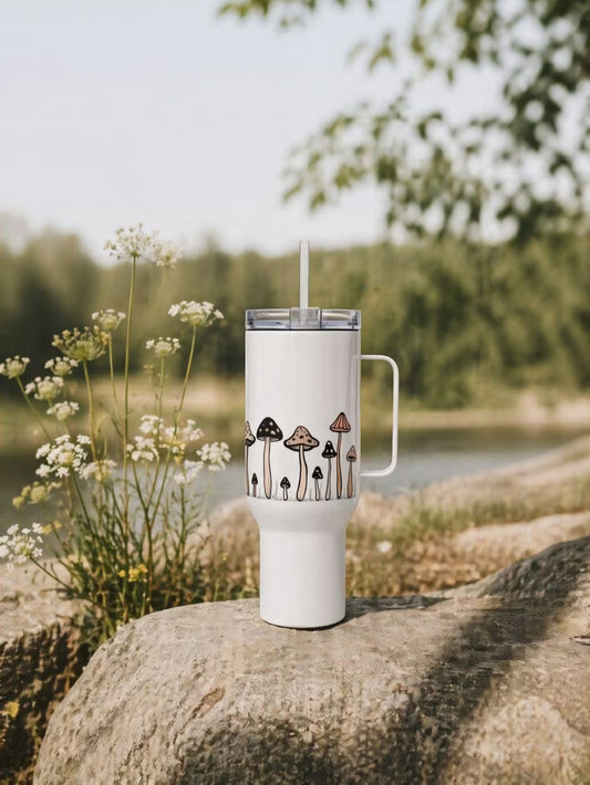 Cute Mushroom Tumbler with Handle & Straw | Aesthetic Travel Mug & Sipper Cup | Minuzu