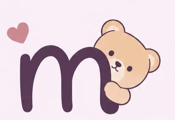 A cute cartoon illustration of the lowercase letter m in dark purple, with a small beige teddy bear peeking from behind it and a pink heart in the upper left on a very light pink background.