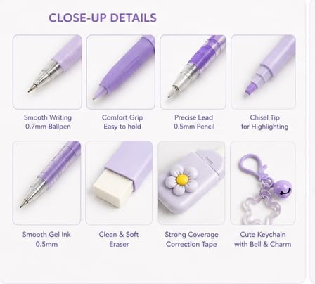 8-in-1 Aesthetic Stationery Set | Cute Pastel Pens, Pencil, Highlighter, Eraser, Correction Tape & Flower Keychain | Minuzu