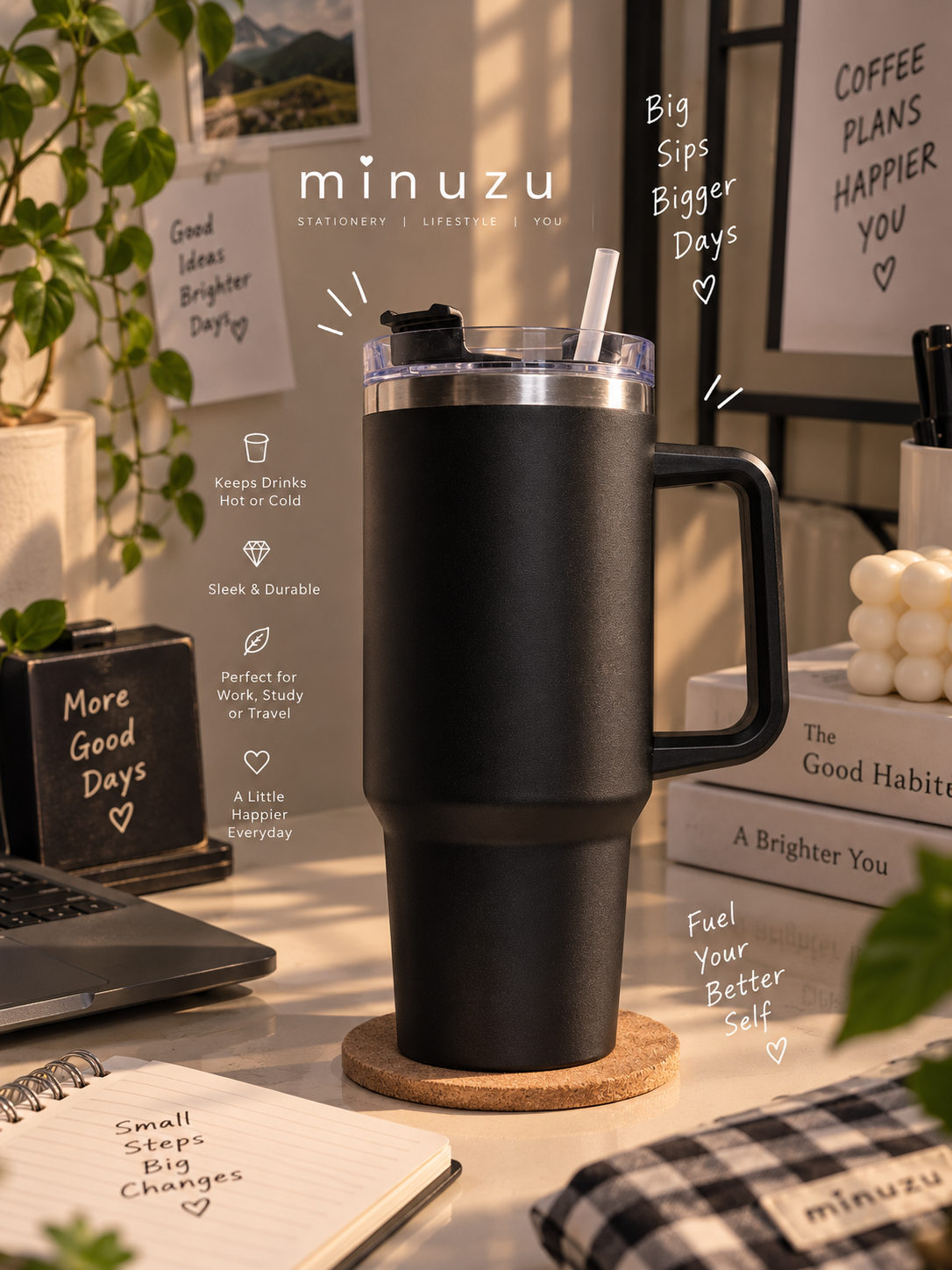 Sleek Matte Black Stainless Steel Insulated Tumbler with Handle & Straw | Aesthetic Travel Mug