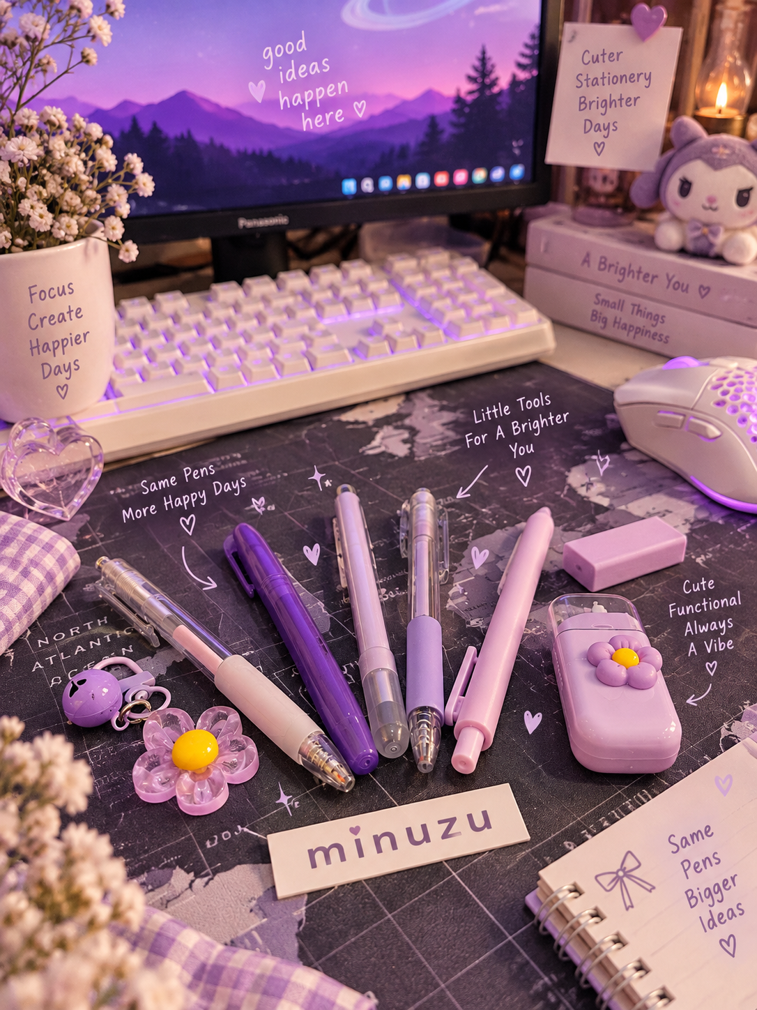 8-in-1 Aesthetic Stationery Set | Cute Pastel Pens, Pencil, Highlighter, Eraser, Correction Tape & Flower Keychain | Minuzu