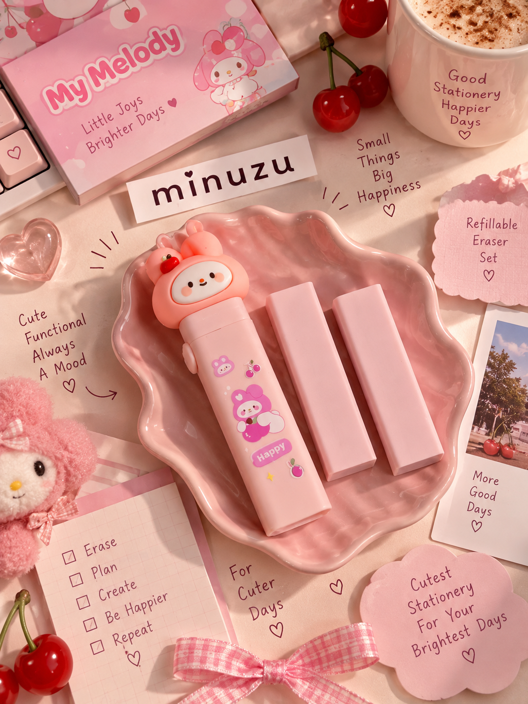Cute Kawaii Eraser Set | Pastel Character Erasers for School, College & Aesthetic Stationery | Minuzu