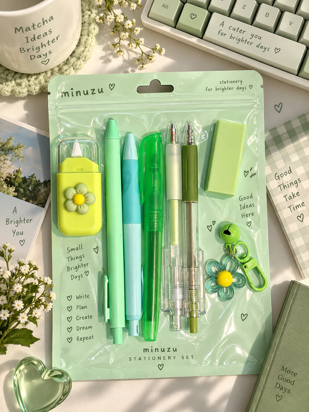 8-in-1 Aesthetic Stationery Set | Cute Pastel Pens, Pencil, Highlighter, Eraser, Correction Tape & Flower Keychain | Minuzu
