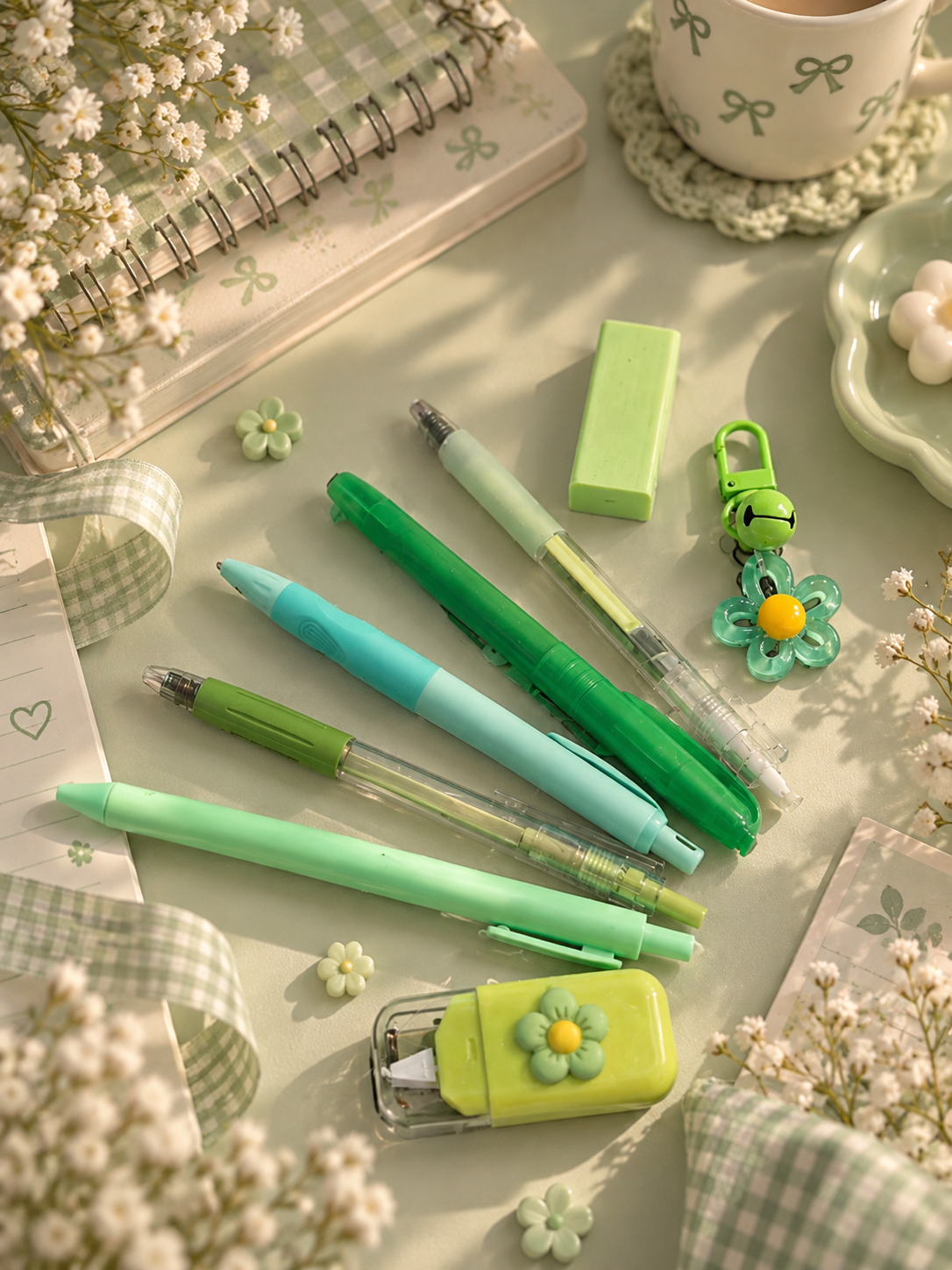 8-in-1 Aesthetic Stationery Set | Cute Pastel Pens, Pencil, Highlighter, Eraser, Correction Tape & Flower Keychain | Minuzu