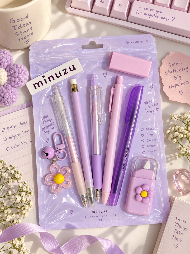 8-in-1 Aesthetic Stationery Set | Cute Pastel Pens, Pencil, Highlighter, Eraser, Correction Tape & Flower Keychain | Minuzu